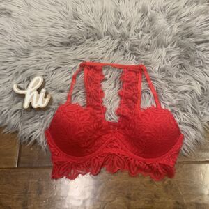Pink Victorias Secret Red Lace Date Lightly Lined Bralette Size Medium Padded